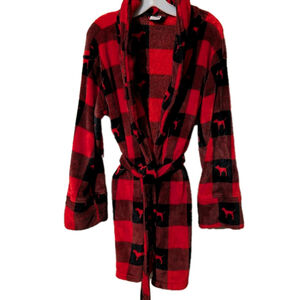 Victoria's Secret PINK Black Red Buffalo Plaid Dog Logo Short Robe Size M/L